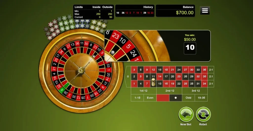 European Roulette online casino game review player winning $50 from a winning bet