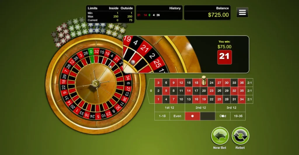 European Roulette online casino game review a roulette table with two black, one zero, and two red result in the history tab