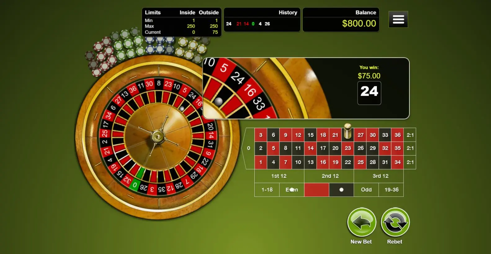 European Roulette online casino game review a player winning $75 from a correct Black and Even bet placement