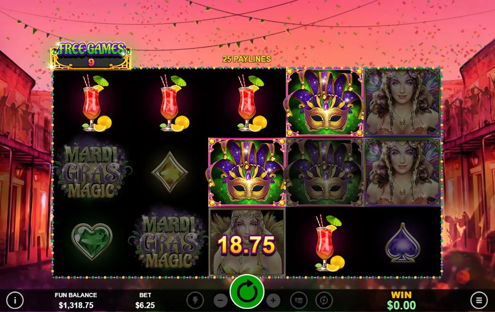 Mardi Gras Magic Re-triggerable Free Games with added Bursting Wilds