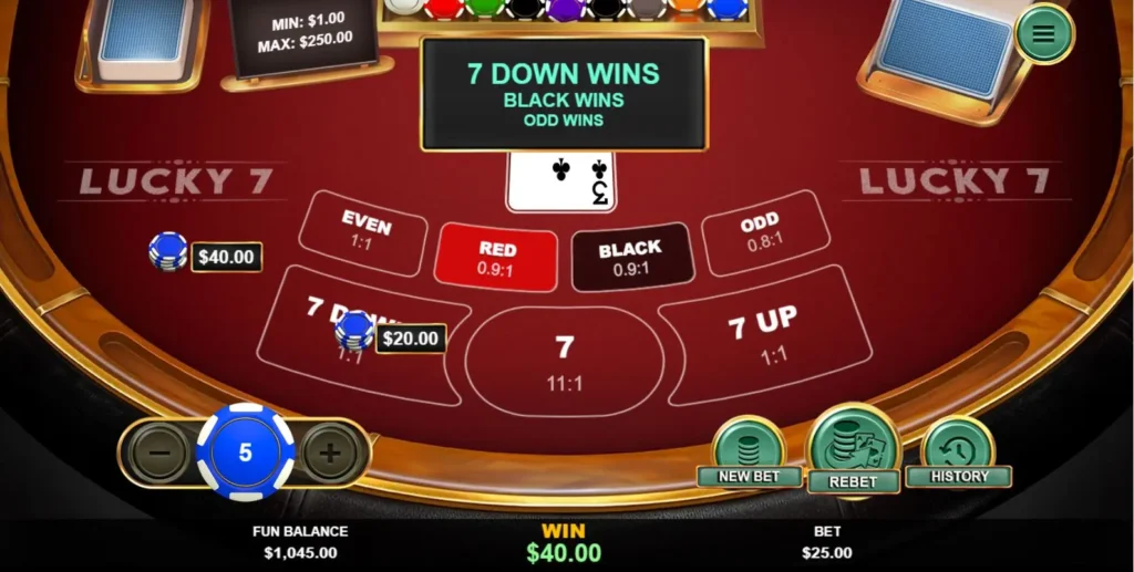 Lucky 7 online table game winning bet on 7 down