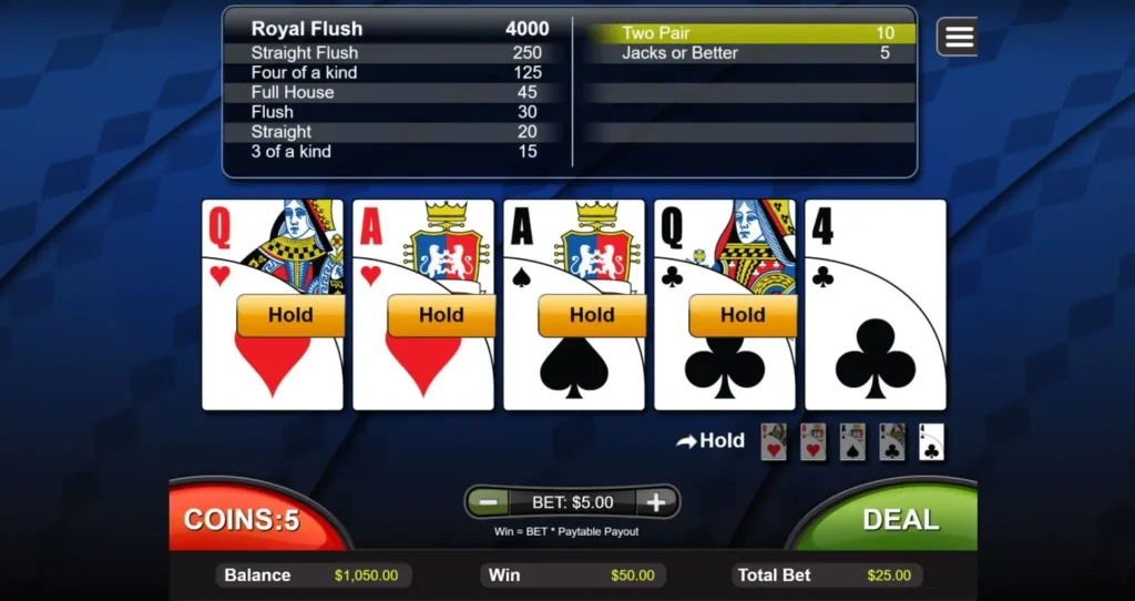 Video Poker two pair winning hand