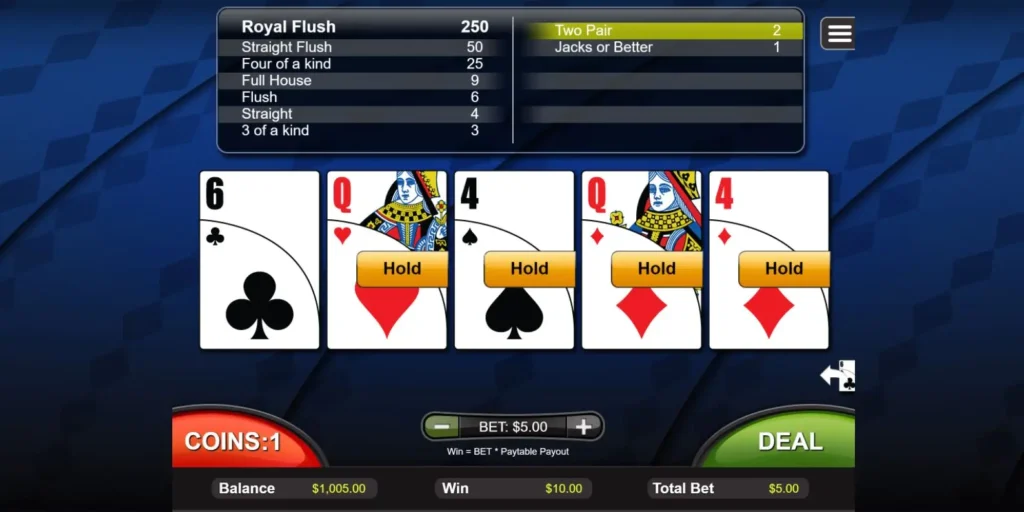 Video Poker Jacks or Better gameplay
