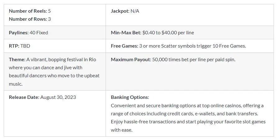 Samba Jackpots main features table